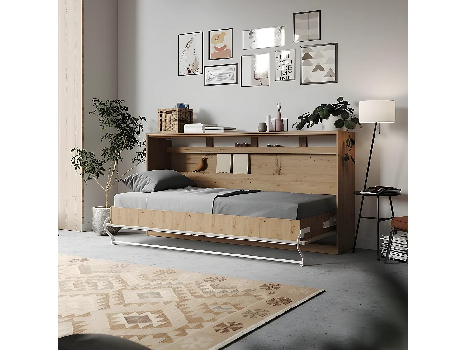 Armoire Lit escamotable 90x200cm Supérieur Horizontal Lit Rabattable Lit Mural Chêne Sauvage/Béton