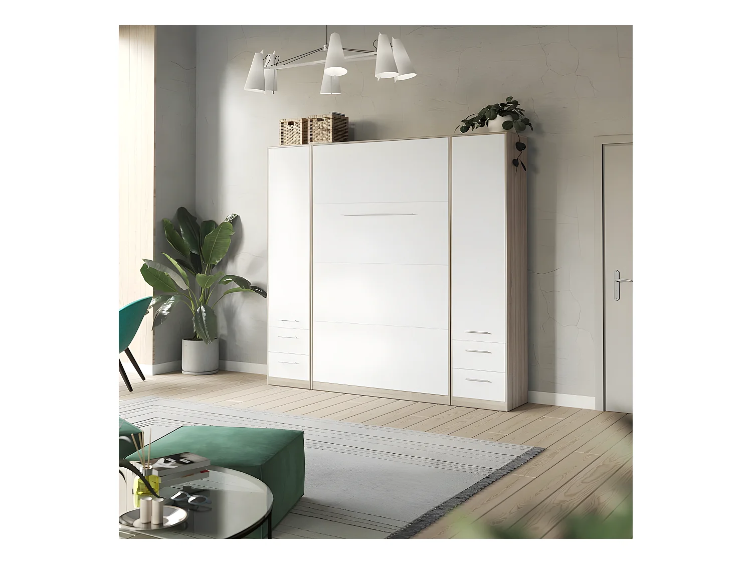 Lit escamotable +2 Placards Vertical 90x200+(50x2)cm Lit Rabattable Lit Mural Standard Chêne Sonoma/Blanc
