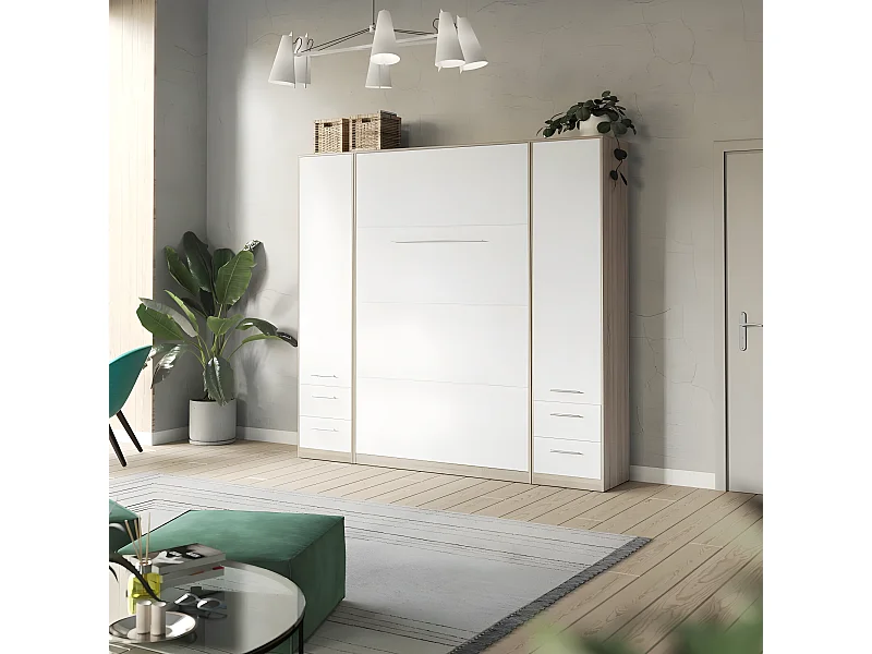 Lit escamotable +2 Placards Vertical 90x200+(50x2)cm Lit Rabattable Lit Mural Standard Chêne Sonoma/Blanc