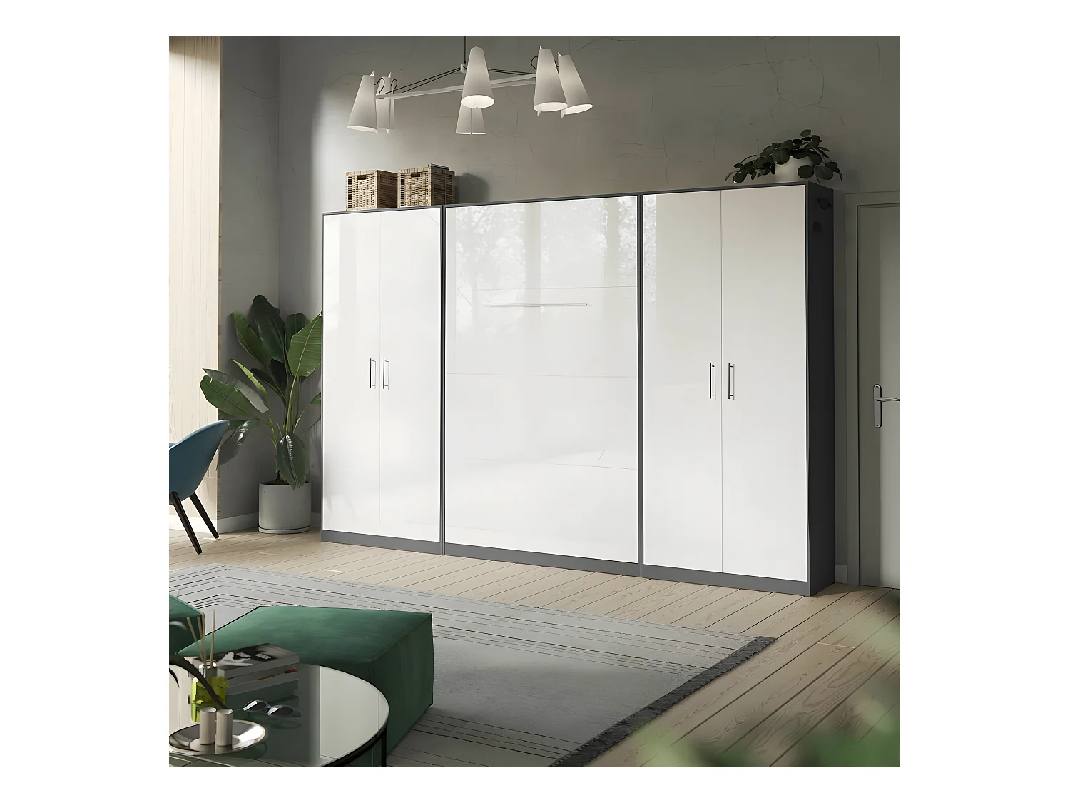 Lit escamotable +2 Placards Vertical 90x200+(80x2)cm Lit Rabattable Lit Mural Standard Anthracite/blanc brillant