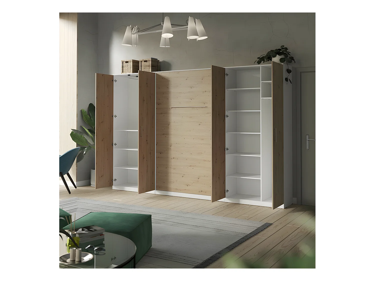 Lit escamotable +2 Placards Vertical 140x200+(100x2)cm Lit Rabattable Lit Mural Standard Blanc/Chêne Sauvage