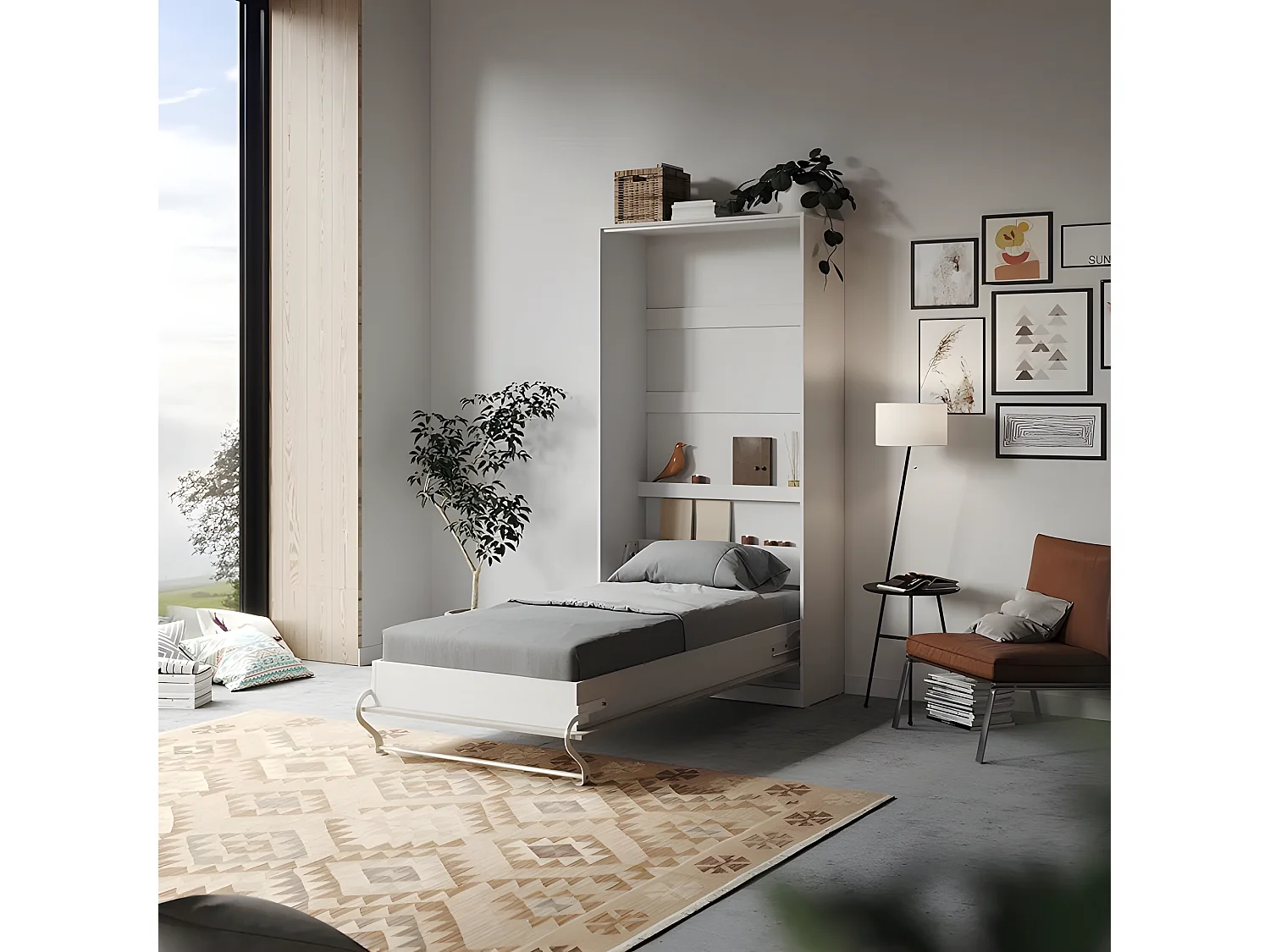 Armoire Lit escamotable 90x200cm Vertical Lit Rabattable Lit Mural Supérieur Blanc/Béton