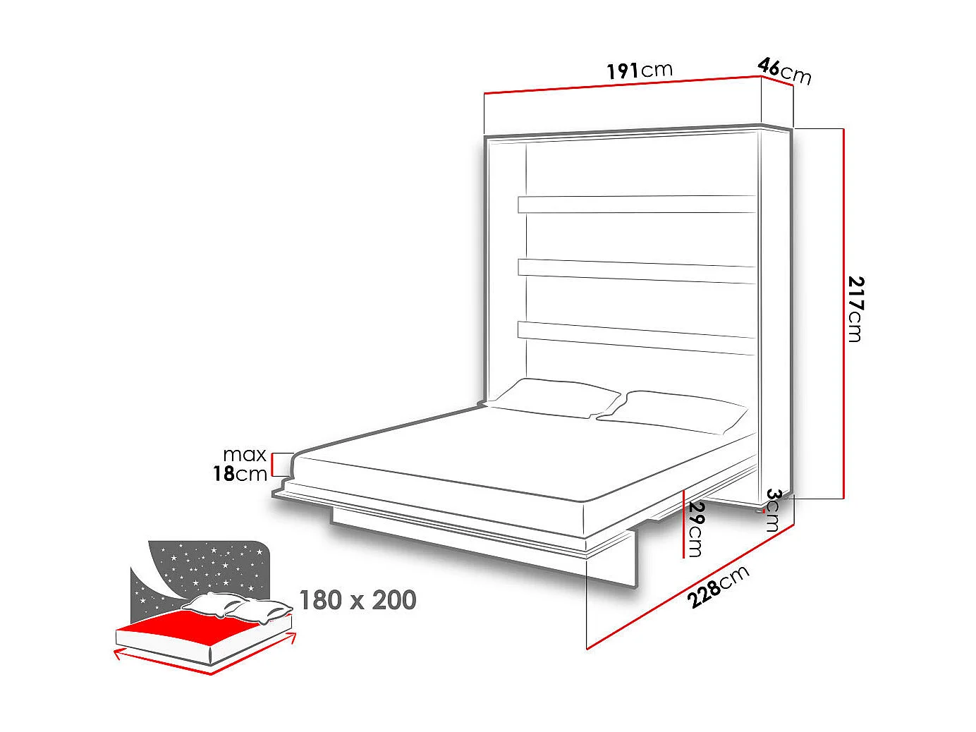 Lenart Armoire Lit escamotable Vertical 180x200 cm Blanc mat Lit Rabattable Lit Mural"Consus"