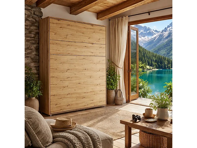 Lenart Armoire Lit escamotable Vertical 160x200 cm Chêne artisan Lit Rabattable Lit Mural"Consus"