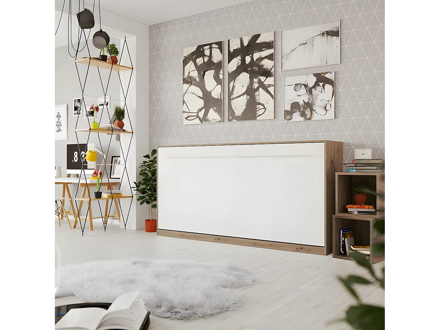 Armoire Lit escamotable 90x200cm Supérieur Horizontal Lit Rabattable Lit Mural Chêne Sauvage/blanc