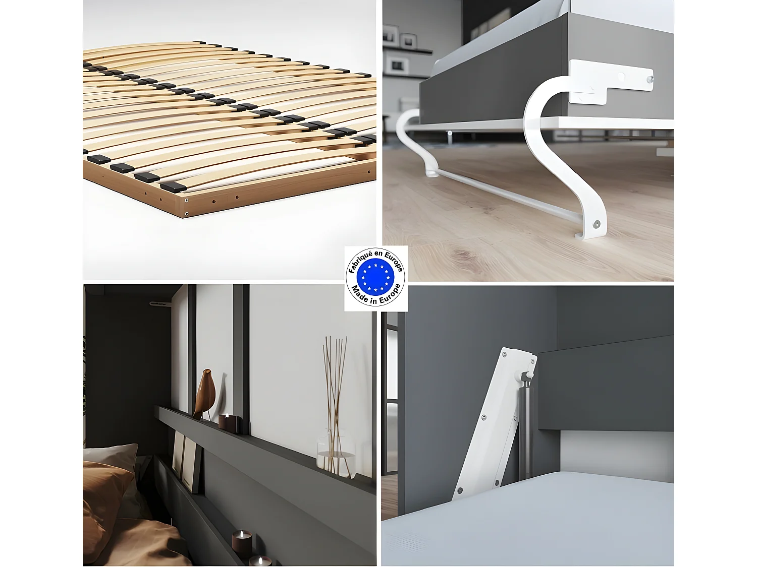 Armoire Lit escamotable 120x200cm Supérieur Horizontal Lit Rabattable Lit Mural Anthracite/blanc brillant