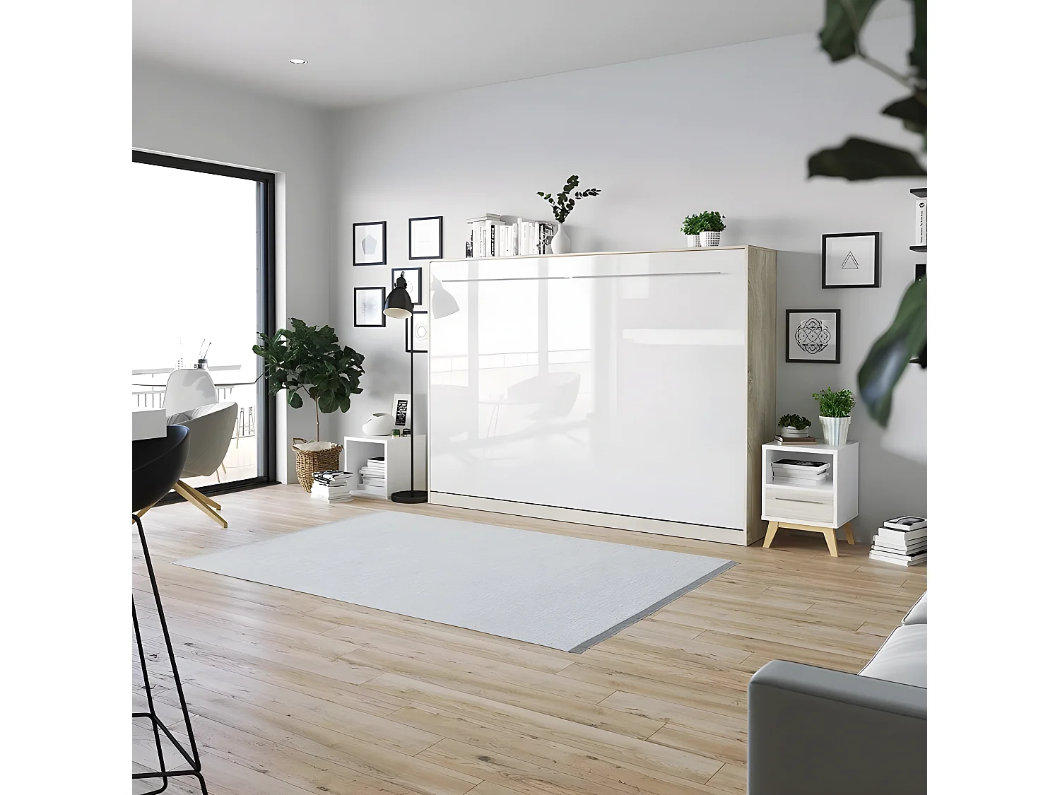 Armoire Lit escamotable 140x200cm Supérieur Horizontal Lit Rabattable Lit Mural Chêne Sonoma/Blanc brillant