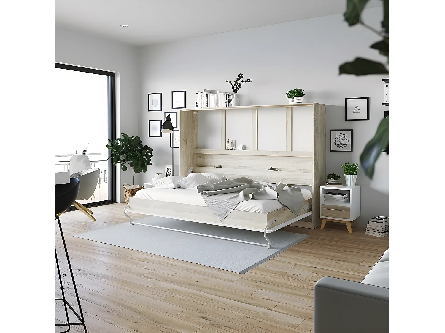 Armoire Lit escamotable 140x200cm Supérieur Horizontal Lit Rabattable Lit Mural Chêne Sonoma/Blanc brillant