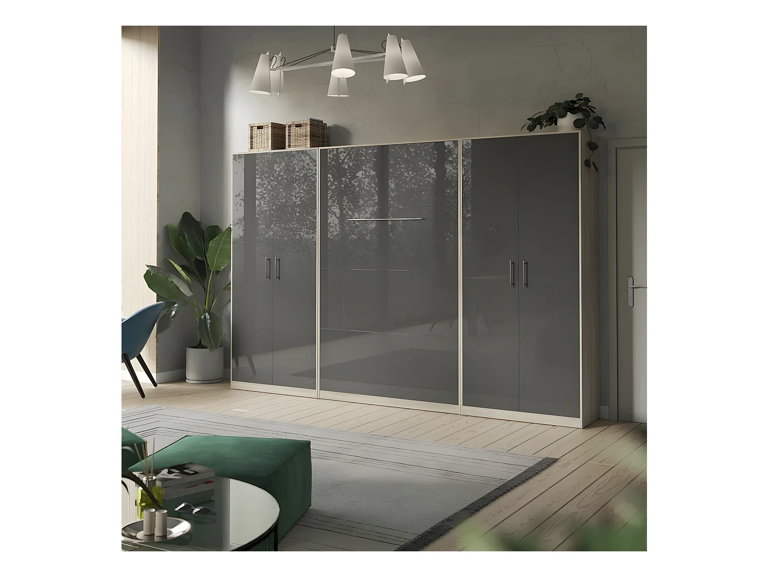 Lit escamotable +2 Placards Vertical 140x200+(100x2)cm Lit Rabattable Lit Mural Standard Chêne Sonoma/Anthracite brillant