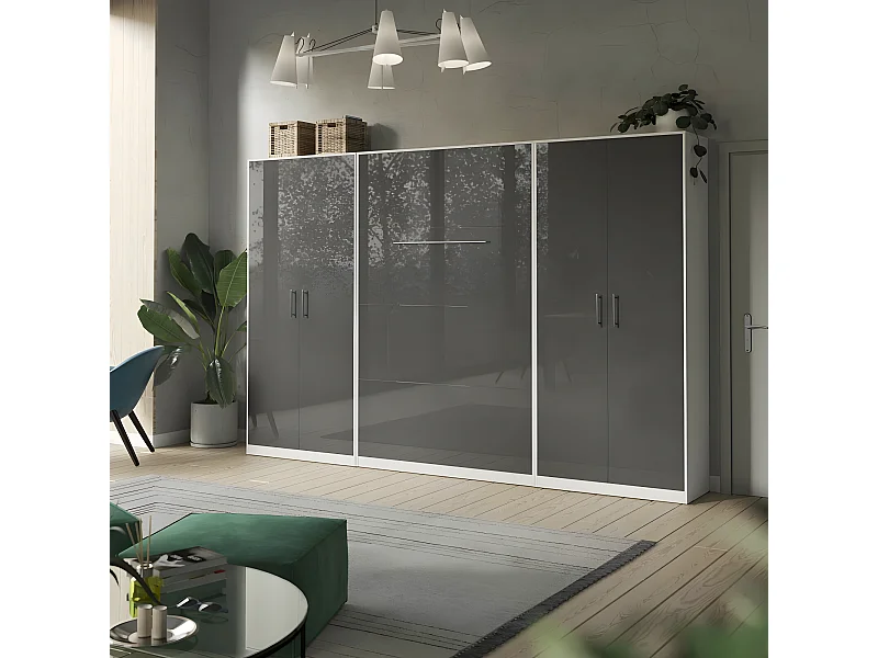 Lit escamotable +2 Placards Vertical 140x200+(80x2)cm Lit Rabattable Lit Mural Standard Blanc/Anthracite Brillant