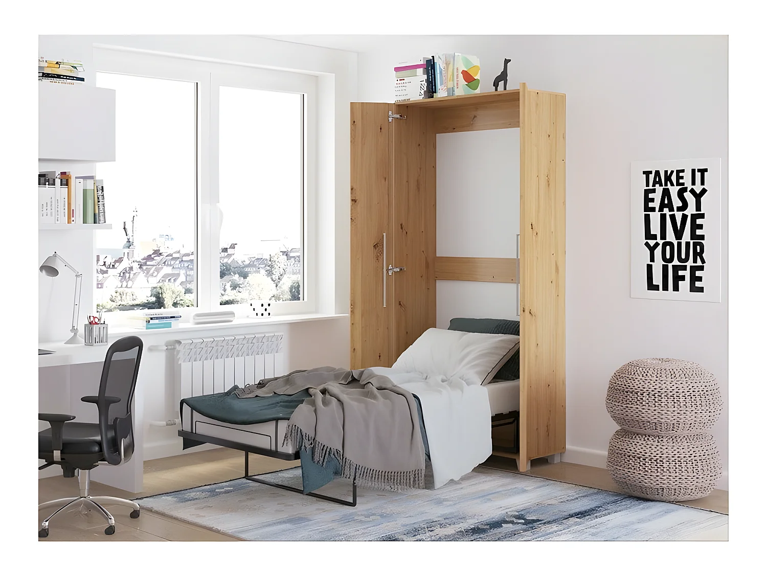 Armoire Lit escamotable Vertical 90x200 cm Chêne Artisan avec porte Lit Rabattable Lit Mural Todor