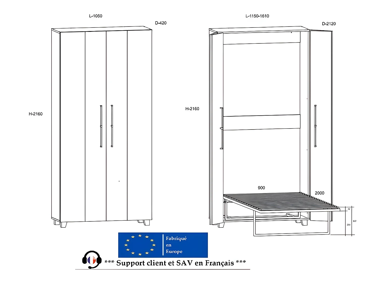 Armoire Lit escamotable Vertical 90x200 cm Chêne Artisan avec porte Lit Rabattable Lit Mural Todor