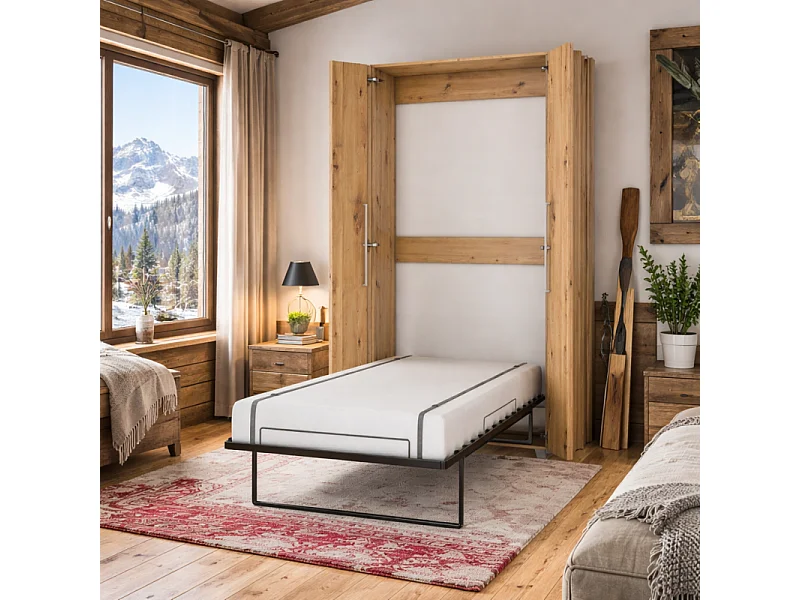 Armoire Lit escamotable Vertical 90x200 cm Chêne Artisan avec porte Lit Rabattable Lit Mural Todor