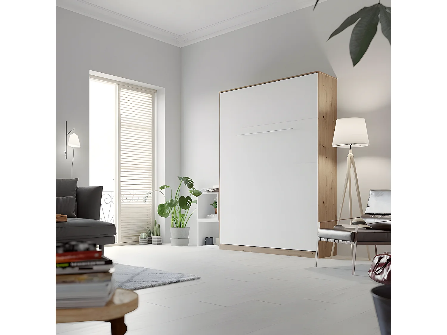 Armoire Lit escamotable 140x200cm Lit Rabattable Lit Mural Supérieur Vertical Chêne Sauvage/blanc