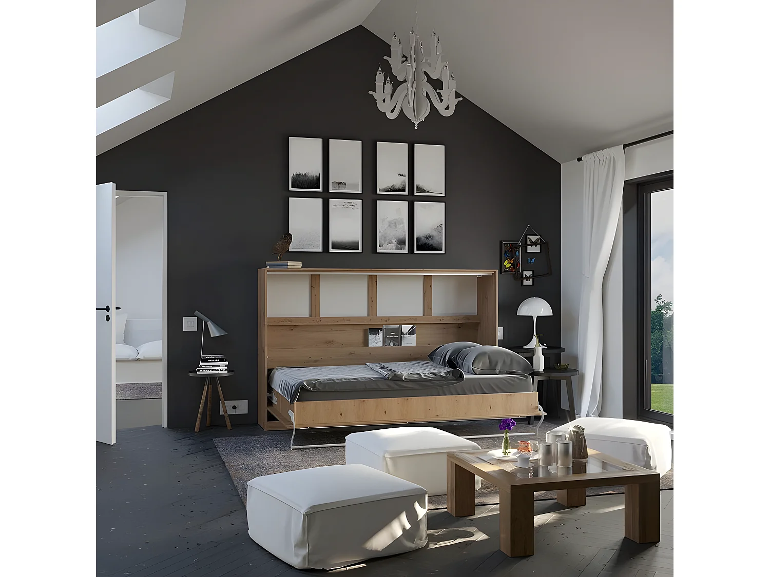 Armoire Lit escamotable 120x200cm Supérieur Horizontal Lit Rabattable Lit Mural Chêne Sauvage/Chêne Sauvage