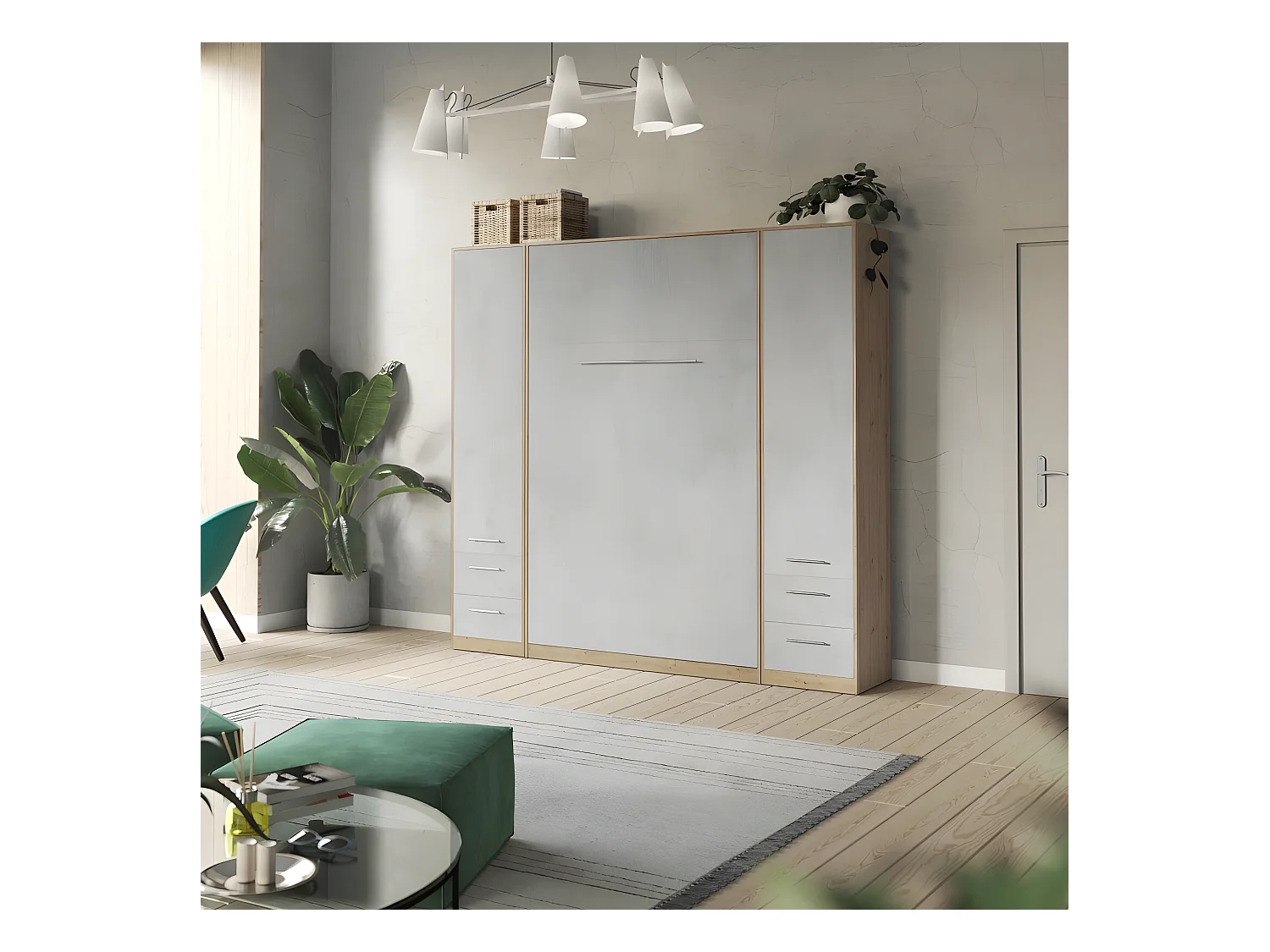 Lit escamotable +2 Placards Vertical 140x200+(50x2)cm Lit Rabattable Lit Mural Standard Chêne Sauvage/Béton