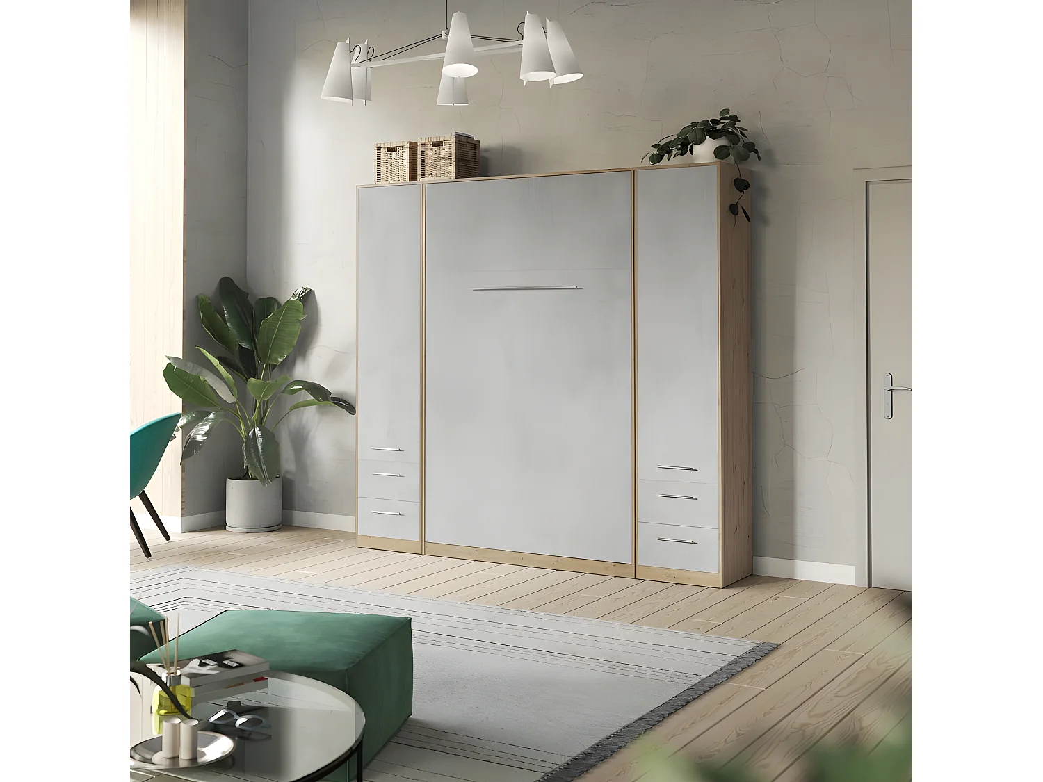 Lit escamotable +2 Placards Vertical 140x200+(50x2)cm Lit Rabattable Lit Mural Standard Chêne Sauvage/Béton