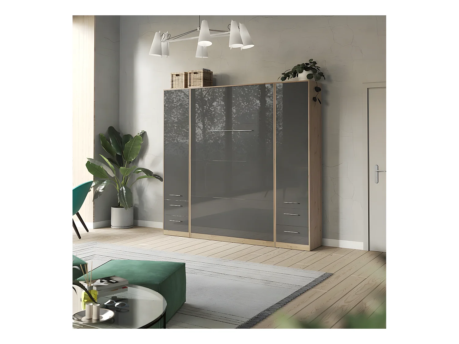 Lit escamotable +2 Placards Vertical 140x200+(50x2)cm Lit Rabattable Lit Mural Standard Chêne Sauvage/Anthracite brillant