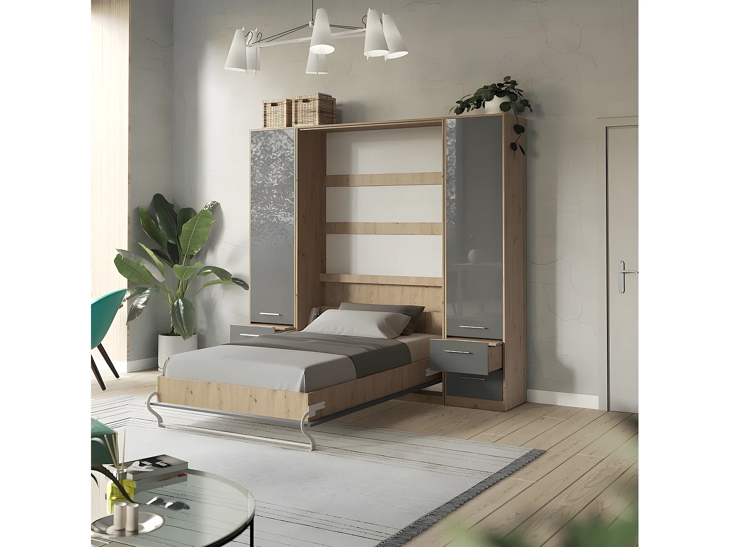 Lit escamotable +2 Placards Vertical 140x200+(50x2)cm Lit Rabattable Lit Mural Standard Chêne Sauvage/Anthracite brillant