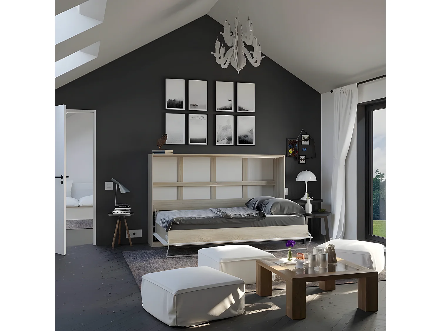 Armoire Lit escamotable 120x200cm Supérieur Horizontal Lit Rabattable Lit Mural Chêne Sonoma/Blanc