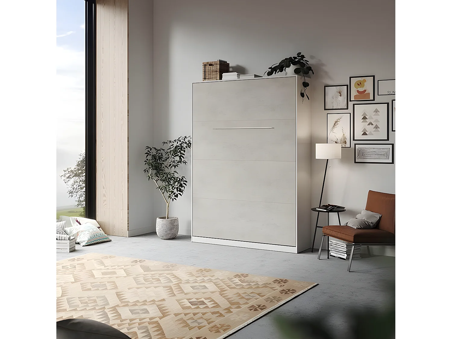 Armoire Lit escamotable 140x200cm Lit Rabattable Lit Mural Supérieur Vertical Blanc/Béton