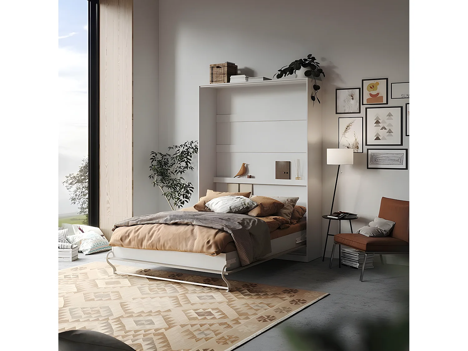 Armoire Lit escamotable 140x200cm Lit Rabattable Lit Mural Supérieur Vertical Blanc/Béton