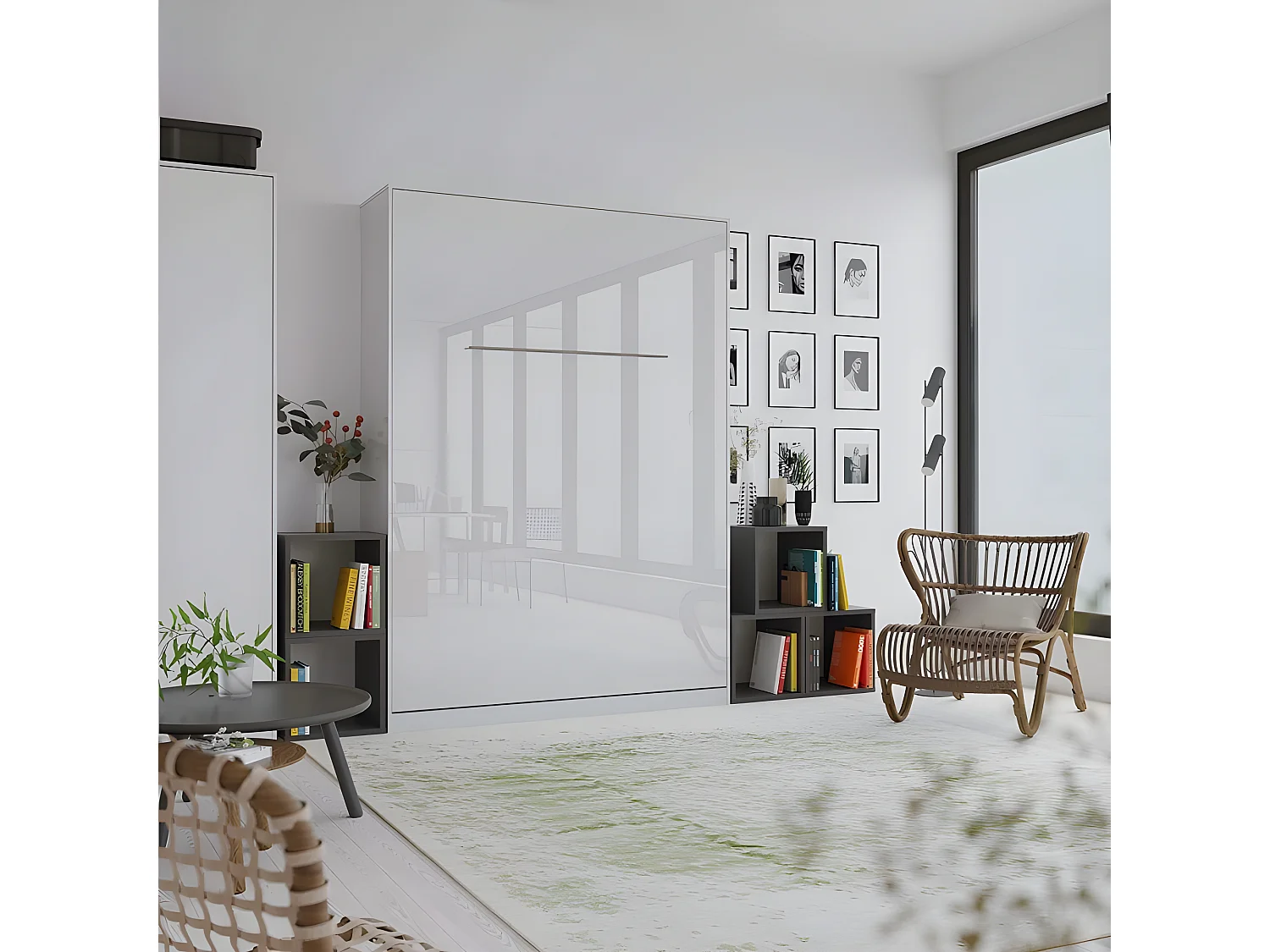 Armoire Lit escamotable 140x200cm Lit Rabattable Lit Mural Supérieur Vertical Blanc/Blanc brillant