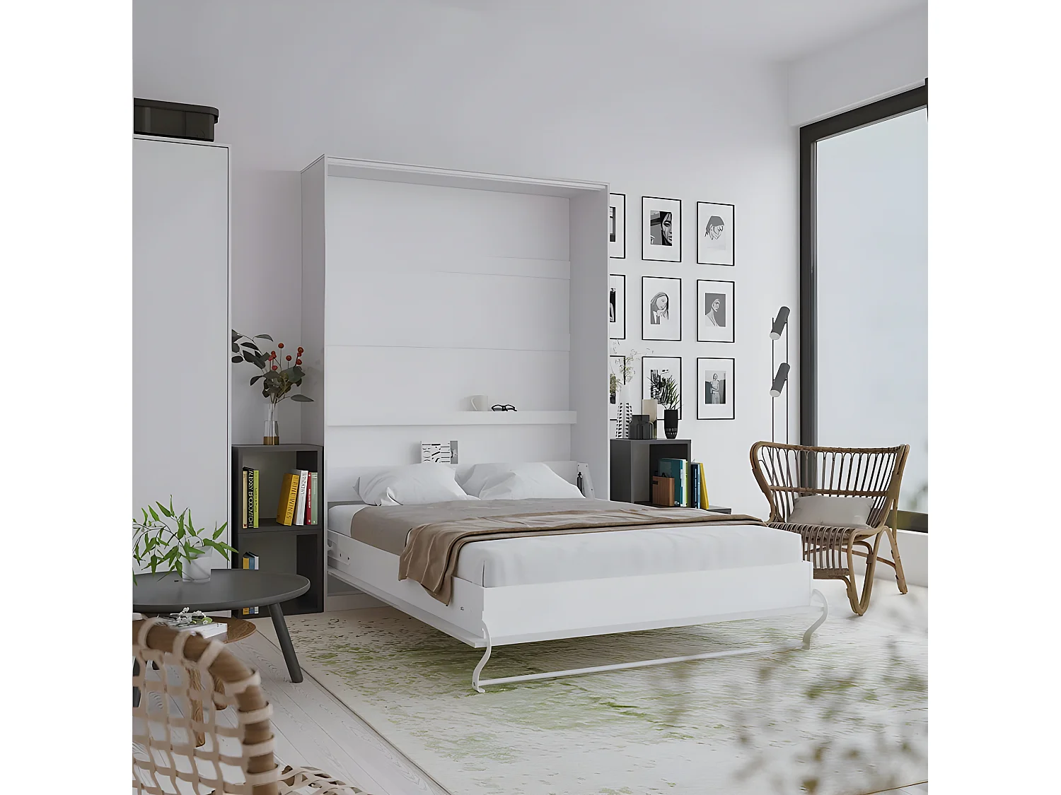 Armoire Lit escamotable 140x200cm Lit Rabattable Lit Mural Supérieur Vertical Blanc/Blanc brillant