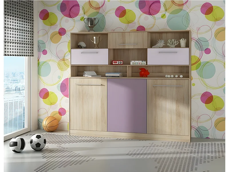 Armoire Lit escamotable Horizontal 90x200 cm avec étagères Sonoma Violet Lit Rabattable Lit Mural Roddy