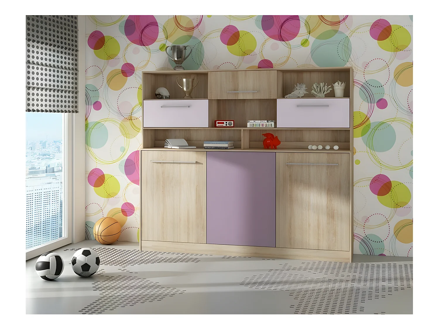 Armoire Lit escamotable Horizontal 90x200 cm avec étagères Sonoma Violet Lit Rabattable Lit Mural Roddy