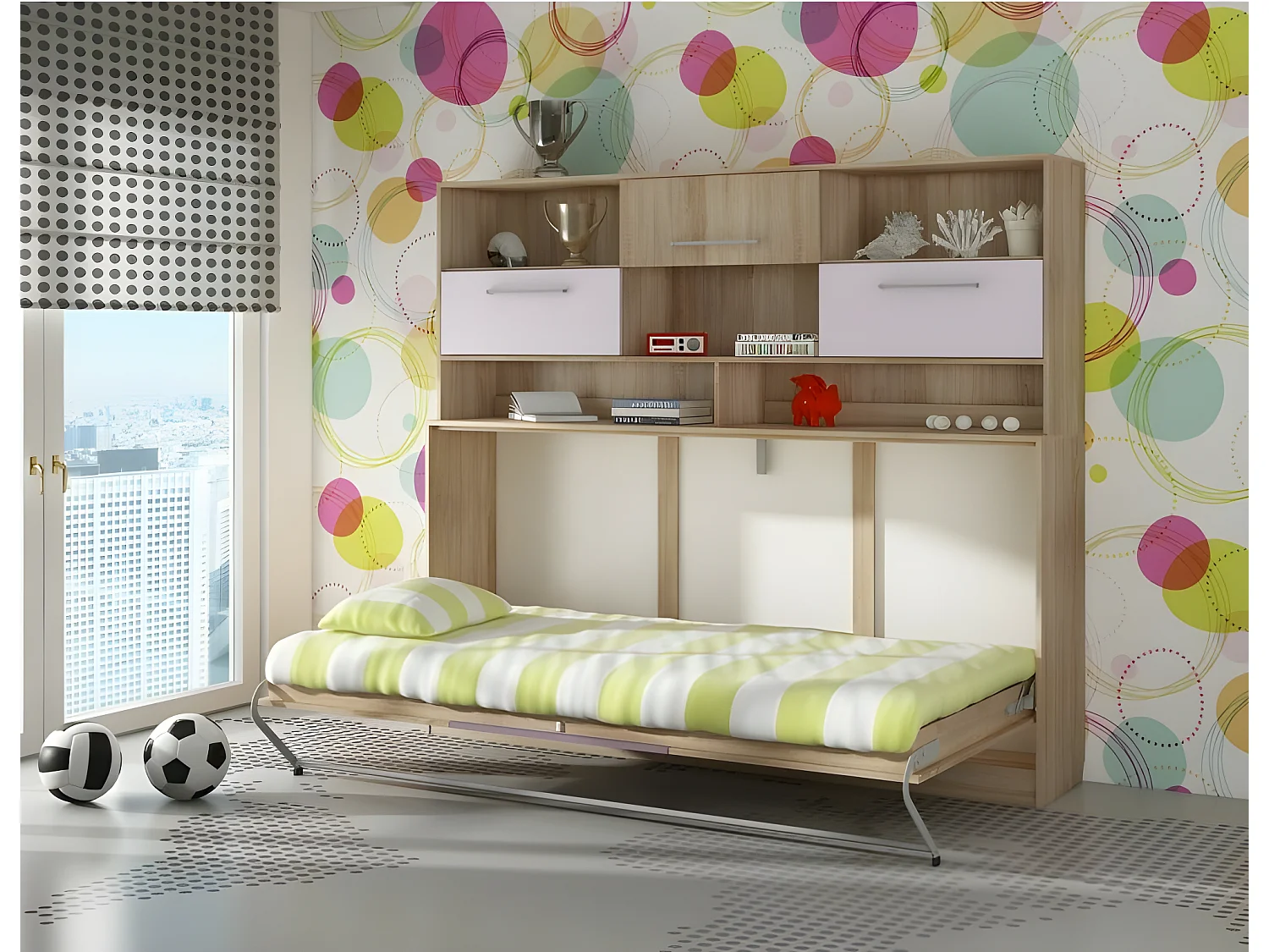 Armoire Lit escamotable Horizontal 90x200 cm avec étagères Sonoma Violet Lit Rabattable Lit Mural Roddy