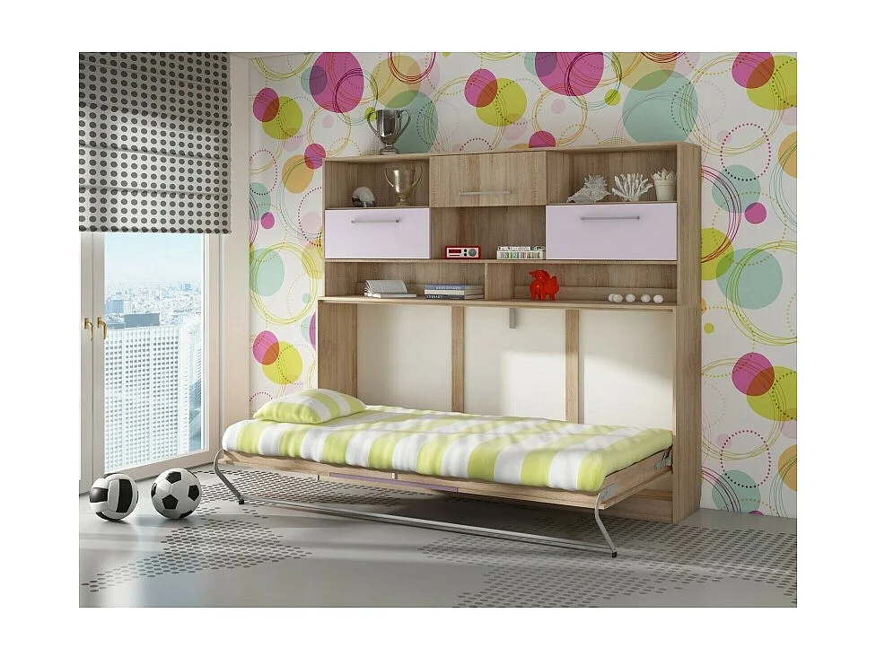 Armoire Lit escamotable Horizontal 90x200 cm avec étagères Sonoma Violet Lit Rabattable Lit Mural Roddy
