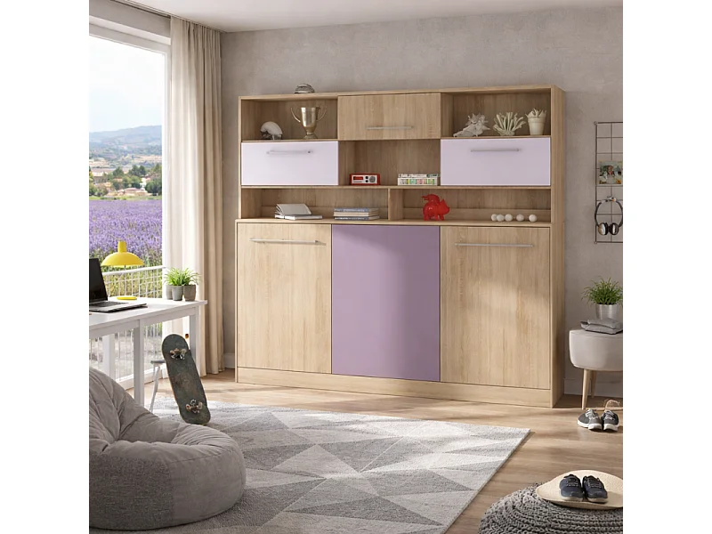Armoire Lit escamotable Horizontal 90x200 cm avec étagères Sonoma Violet Lit Rabattable Lit Mural Roddy