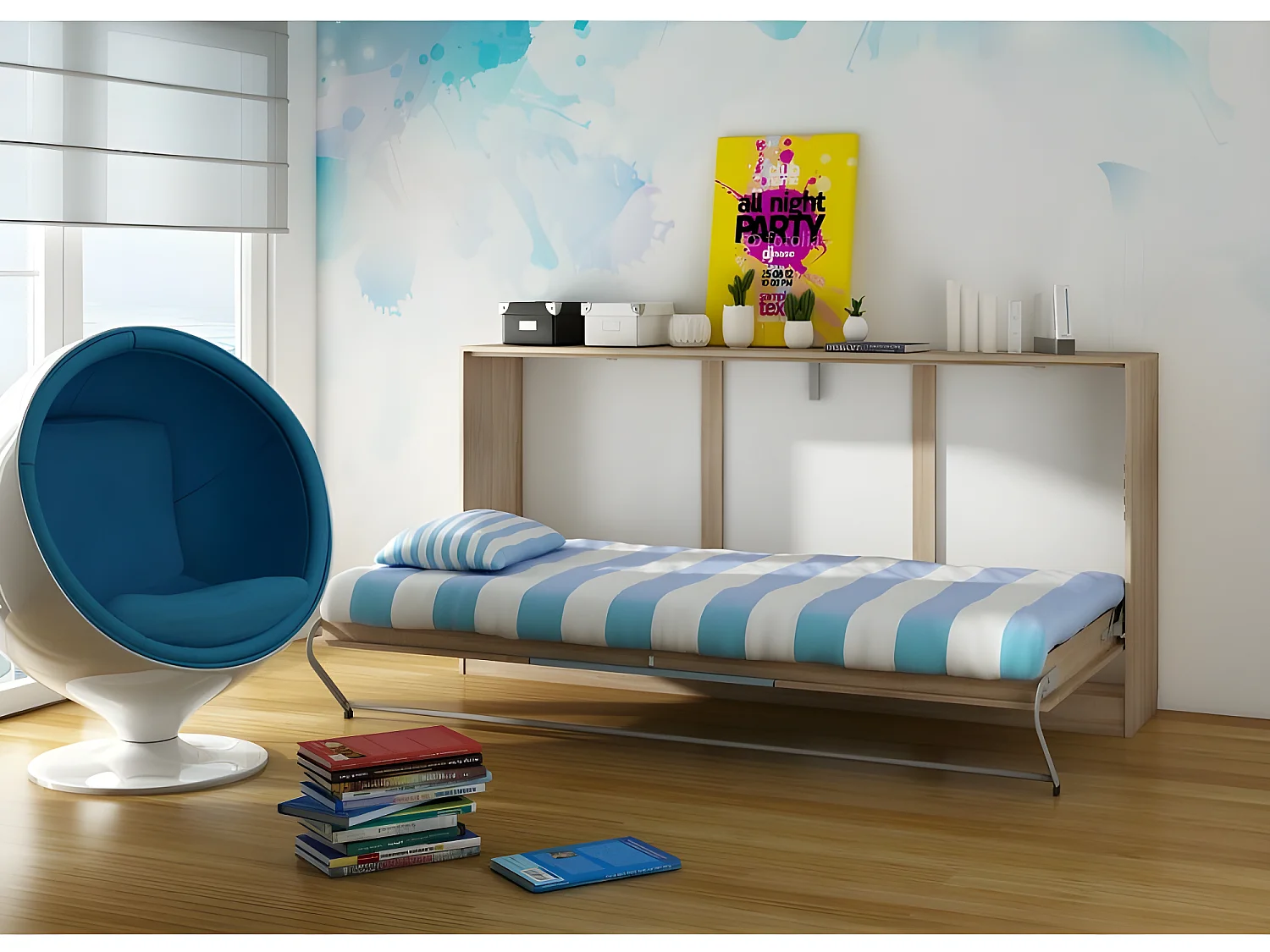 Armoire Lit escamotable Horizontal 90x200 cm Sonoma bleu Lit Rabattable Lit Mural Roddy