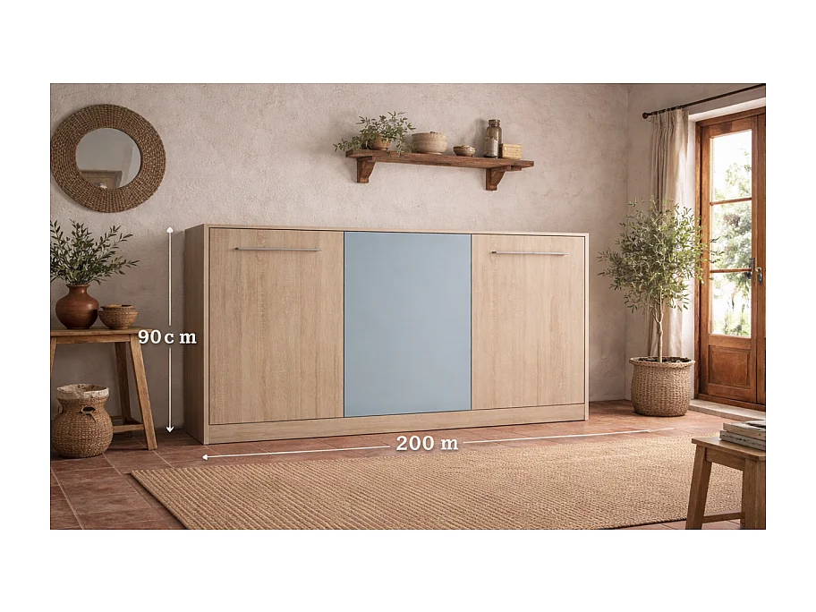 Armoire Lit escamotable Horizontal 90x200 cm Sonoma bleu Lit Rabattable Lit Mural Roddy