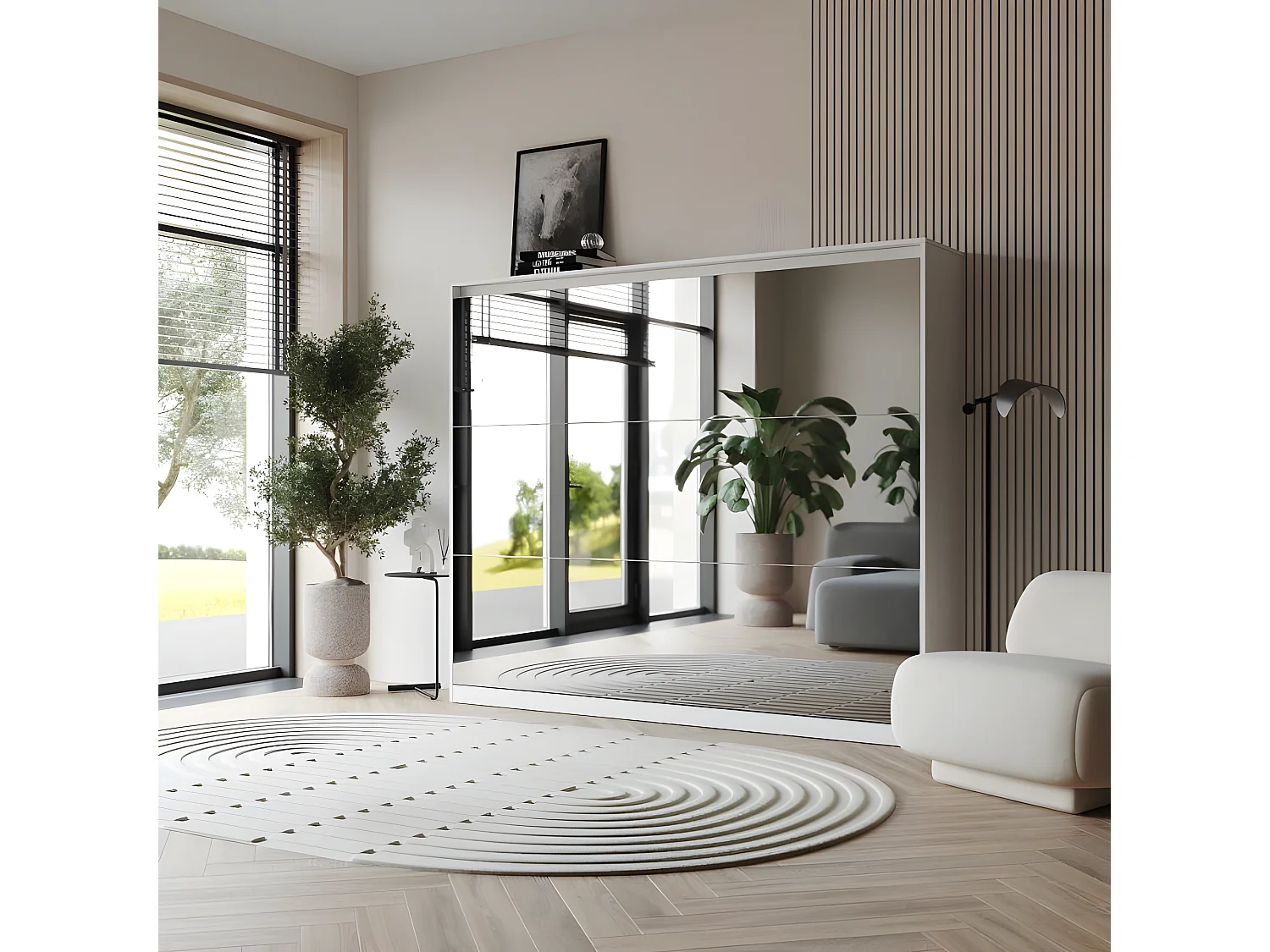 Armoire 160x200cm Lit escamotable avec miroir Blanc Horizontal Lit Rabattable Lit Mural C*Adore