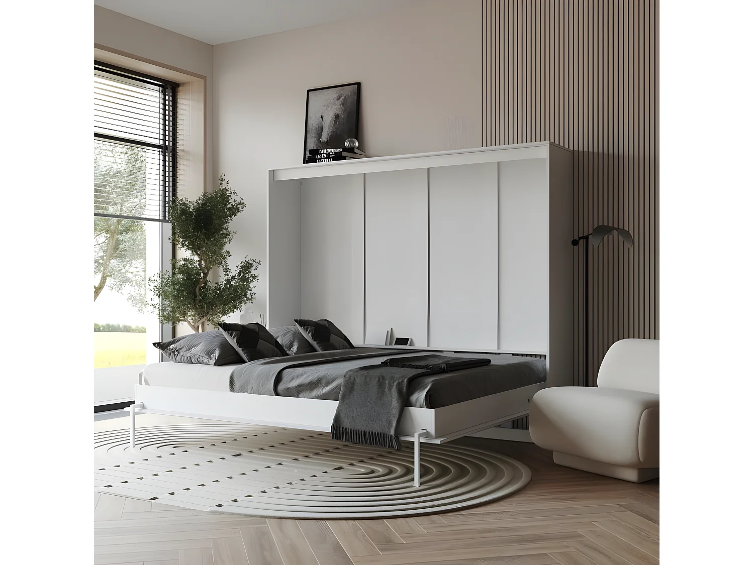 Armoire 160x200cm Lit escamotable avec miroir Blanc Horizontal Lit Rabattable Lit Mural C*Adore