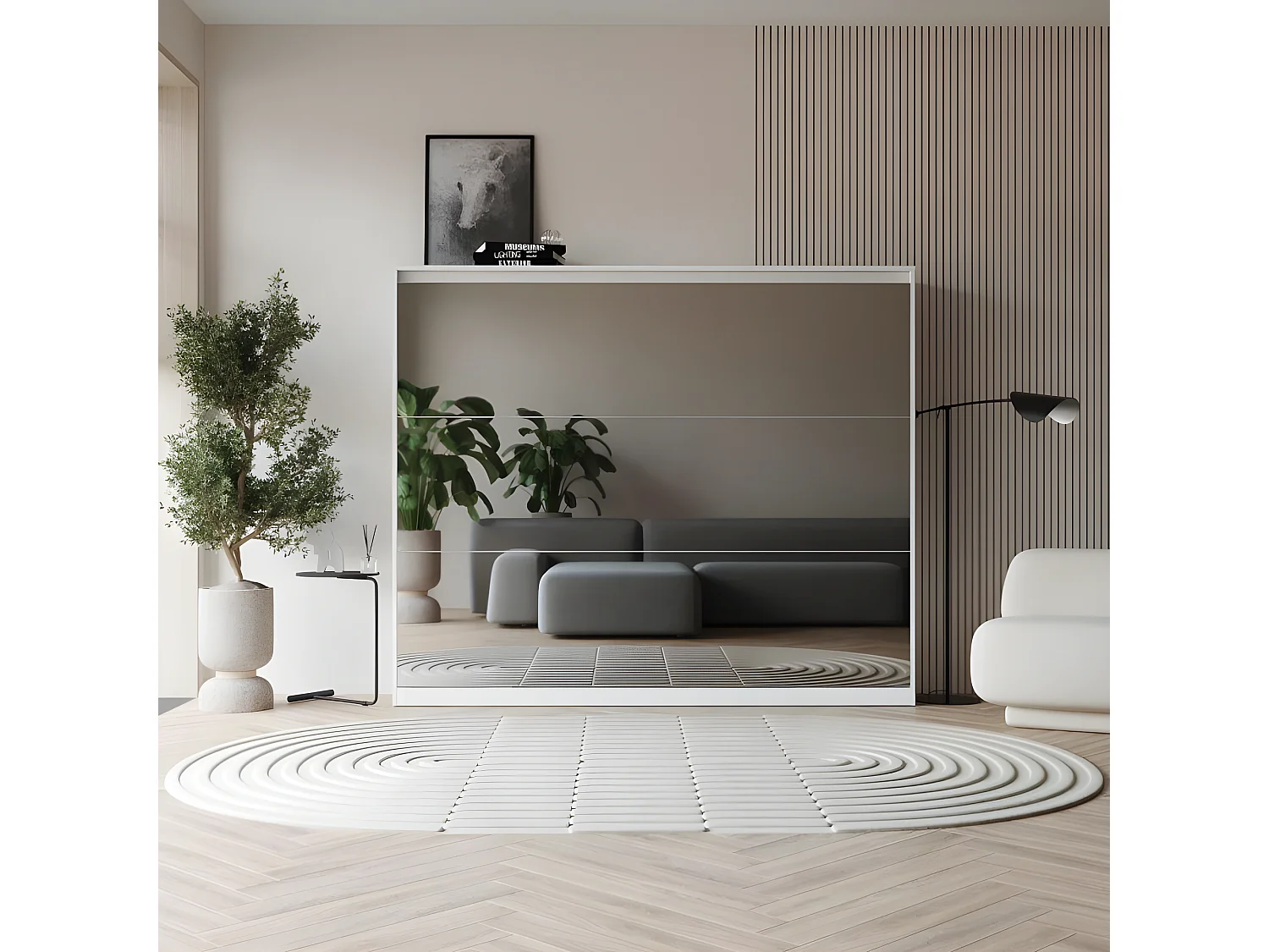 Armoire 160x200cm Lit escamotable avec miroir Blanc Horizontal Lit Rabattable Lit Mural C*Adore