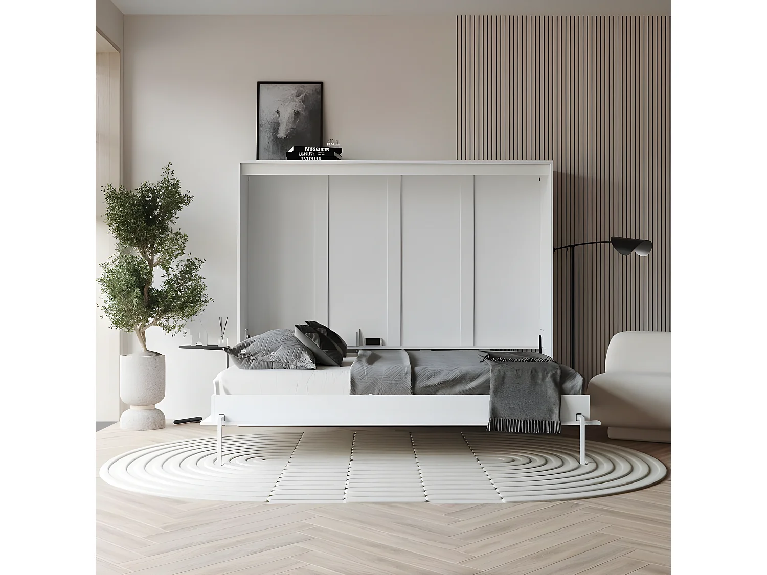 Armoire 160x200cm Lit escamotable avec miroir Blanc Horizontal Lit Rabattable Lit Mural C*Adore