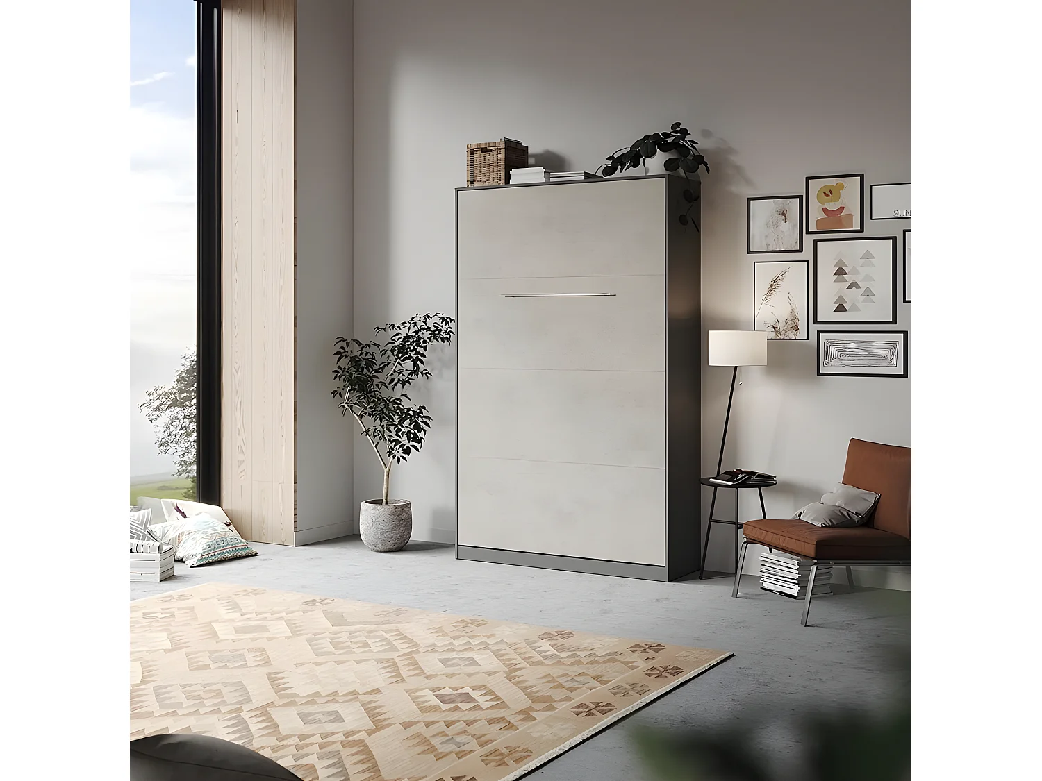 Armoire Lit escamotable 120x200cm Vertical Lit Rabattable Lit Mural Supérieur Anthracite/Béton