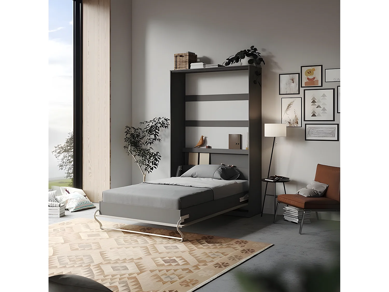 Armoire Lit escamotable 120x200cm Vertical Lit Rabattable Lit Mural Supérieur Anthracite/Béton