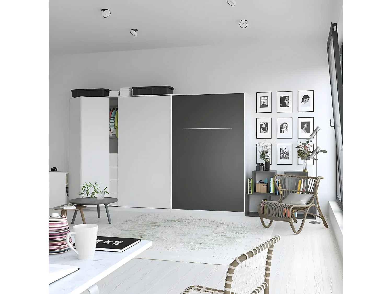 Armoire Lit escamotable 120x200cm Vertical Lit Rabattable Lit Mural Supérieur Blanc/Anthracite