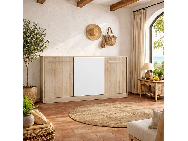 Armoire Lit escamotable Horizontal 90x200 cm Sonoma Blanc Lit Rabattable Lit Mural Roddy