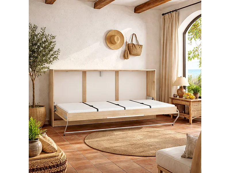 Armoire Lit escamotable Horizontal 90x200 cm Sonoma Blanc Lit Rabattable Lit Mural Roddy