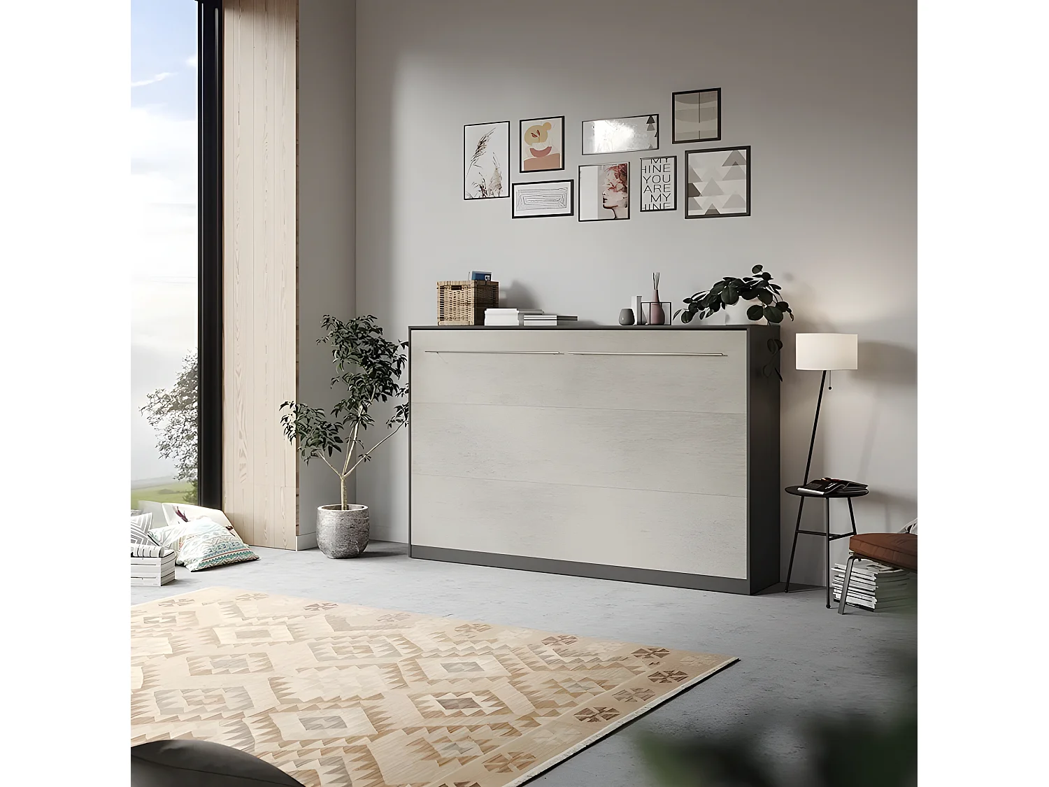 Armoire Lit escamotable 120x200cm Supérieur Horizontal Lit Rabattable Lit Mural Anthracite/Béton