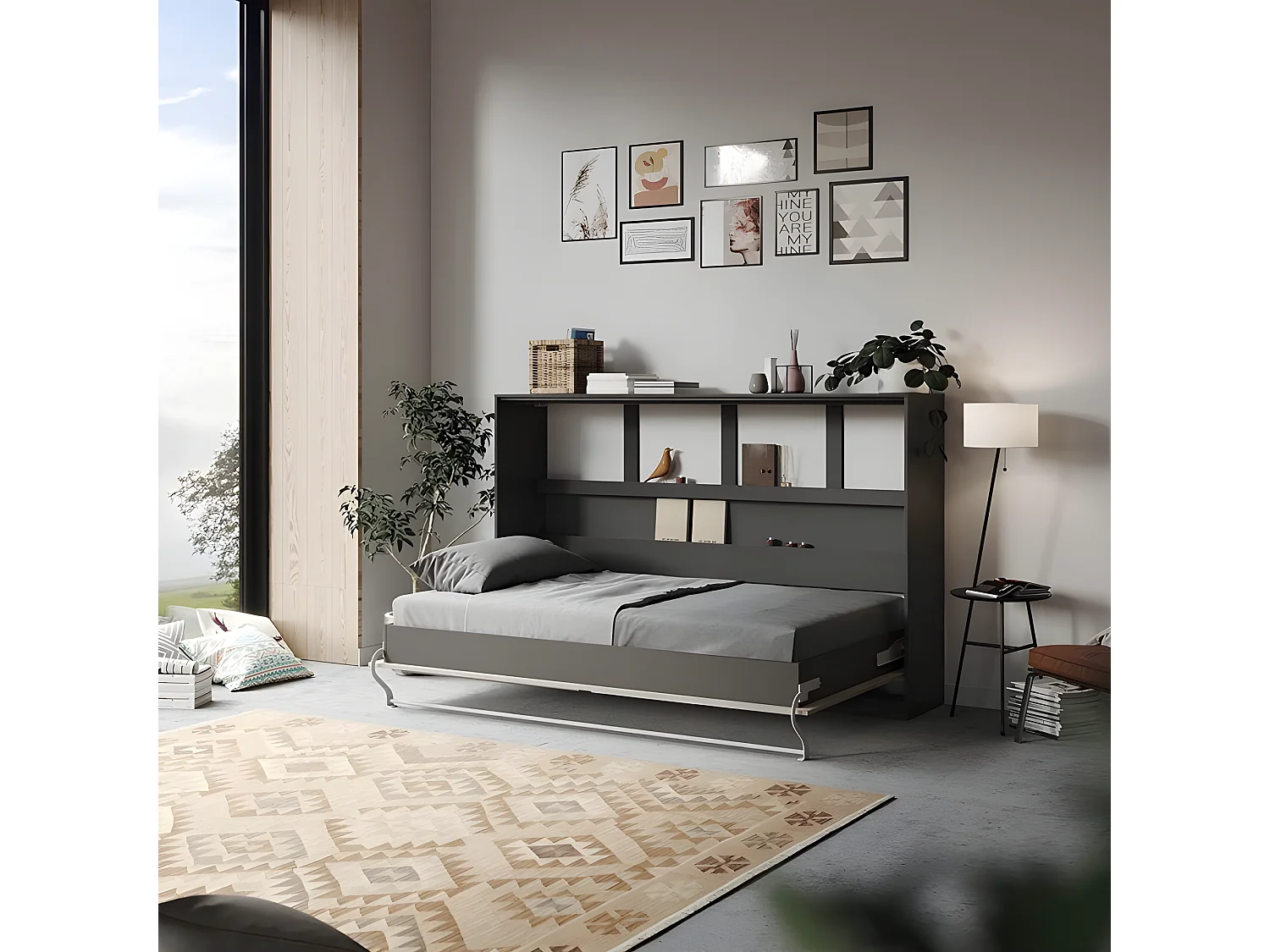 Armoire Lit escamotable 120x200cm Supérieur Horizontal Lit Rabattable Lit Mural Anthracite/Béton