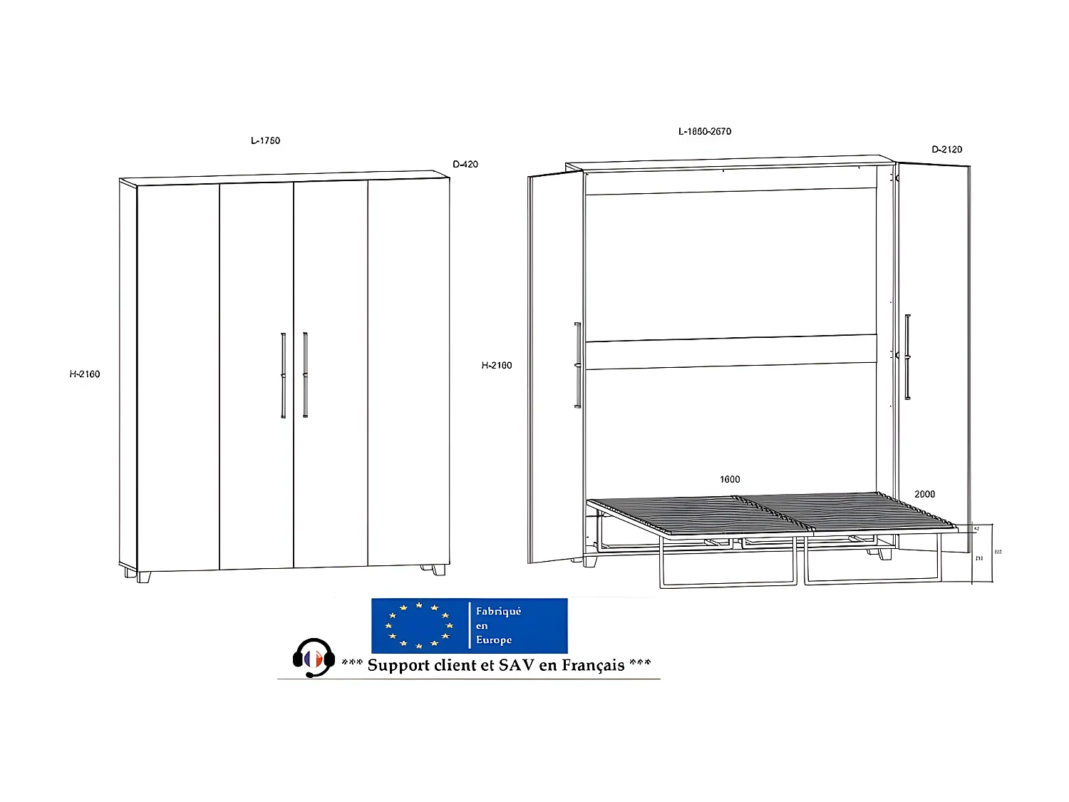 Armoire Lit escamotable Vertical 160x200 cm Chêne foncé avec porte Lit Rabattable Lit Mural Todor