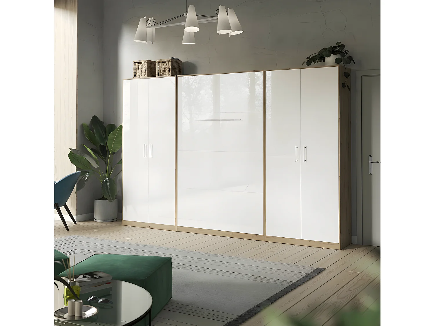 Lit escamotable +2 Placards Vertical 140x200+(80x2)cm Lit Rabattable Lit Mural Standard Chêne Sauvage/blanc brillant