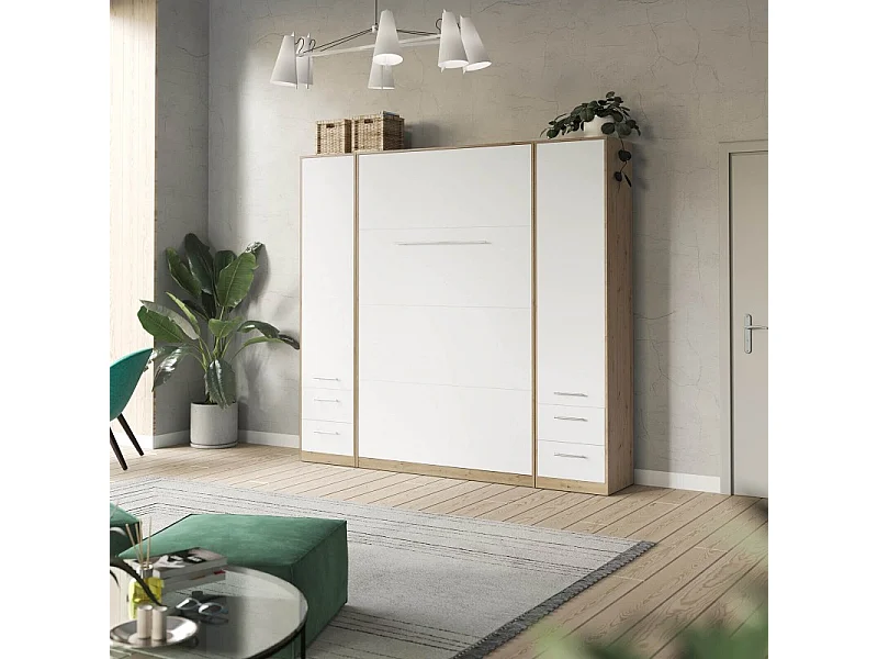 Lit escamotable +2 Placards Vertical 140x200+(50x2)cm Lit Rabattable Lit Mural Standard Chêne Sauvage/blanc