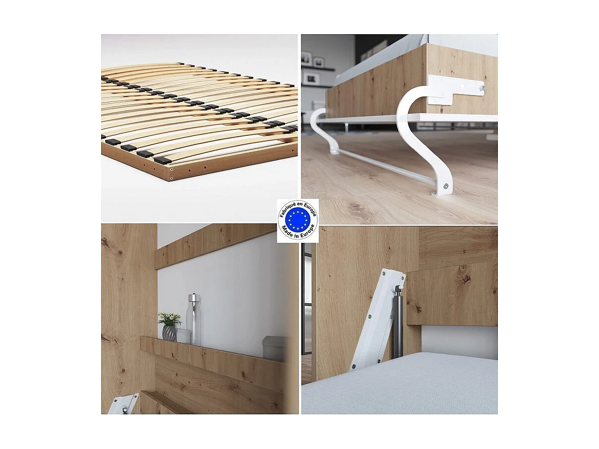 Lit escamotable +2 Placards Vertical 140x200+(50x2)cm Lit Rabattable Lit Mural Standard Chêne Sauvage/blanc